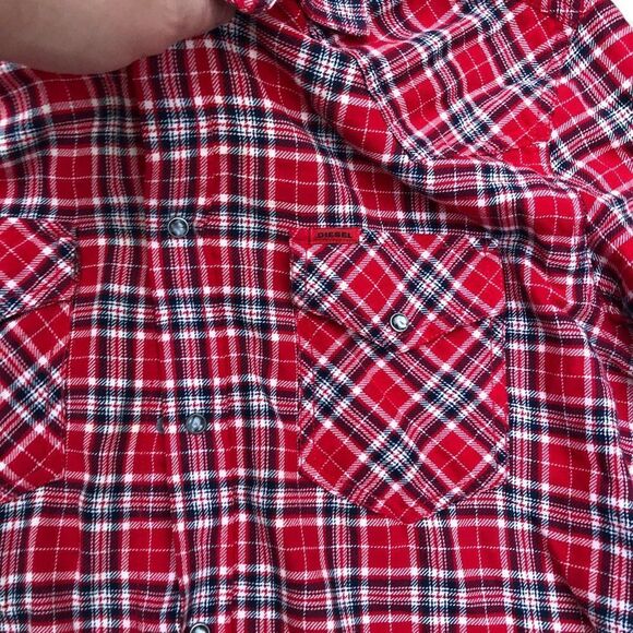 Vintage Diesel Jeans Flannel Button Up Shirt XL Red Pattern Shirt - Picture 9 of 10
